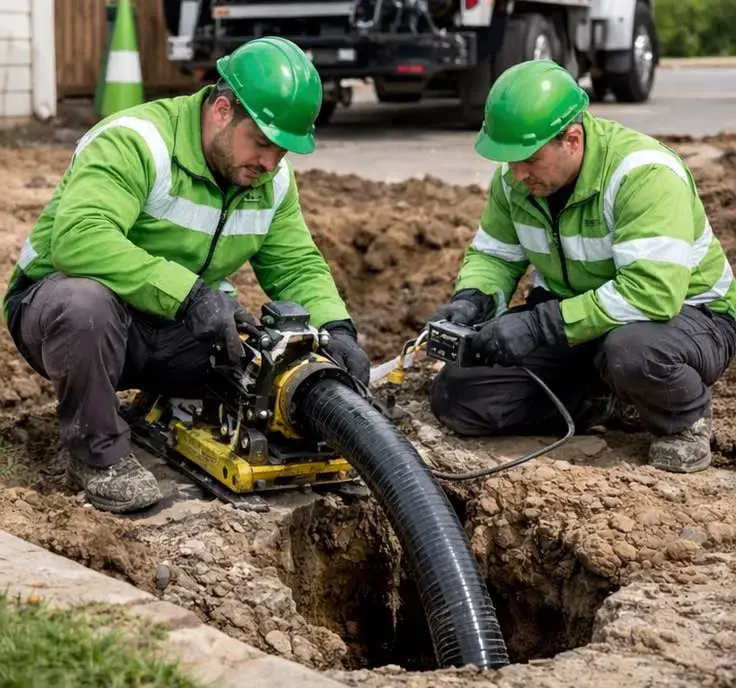 Two technicians running a hydro jetting hose into a commercial sewer access