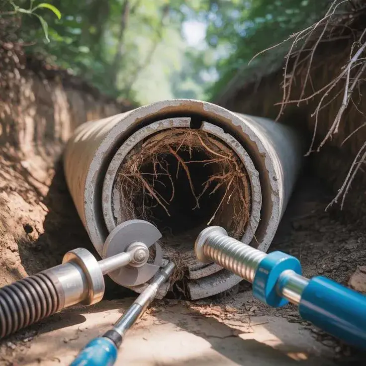 Tree roots intruding into a sewer pipe