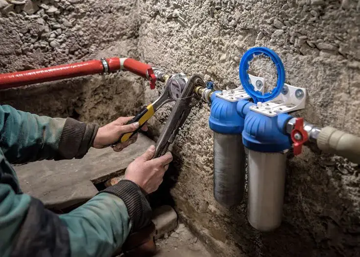 Whole-home water filtration and softening system installed in a crawlspace