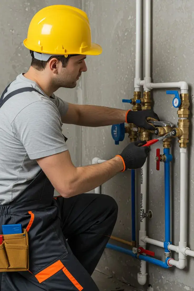 Plumber installing a PEX manifold with copper fittings