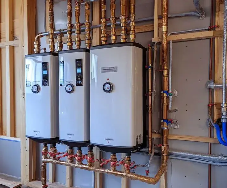 Multiple commercial tankless water heaters on a copper manifold