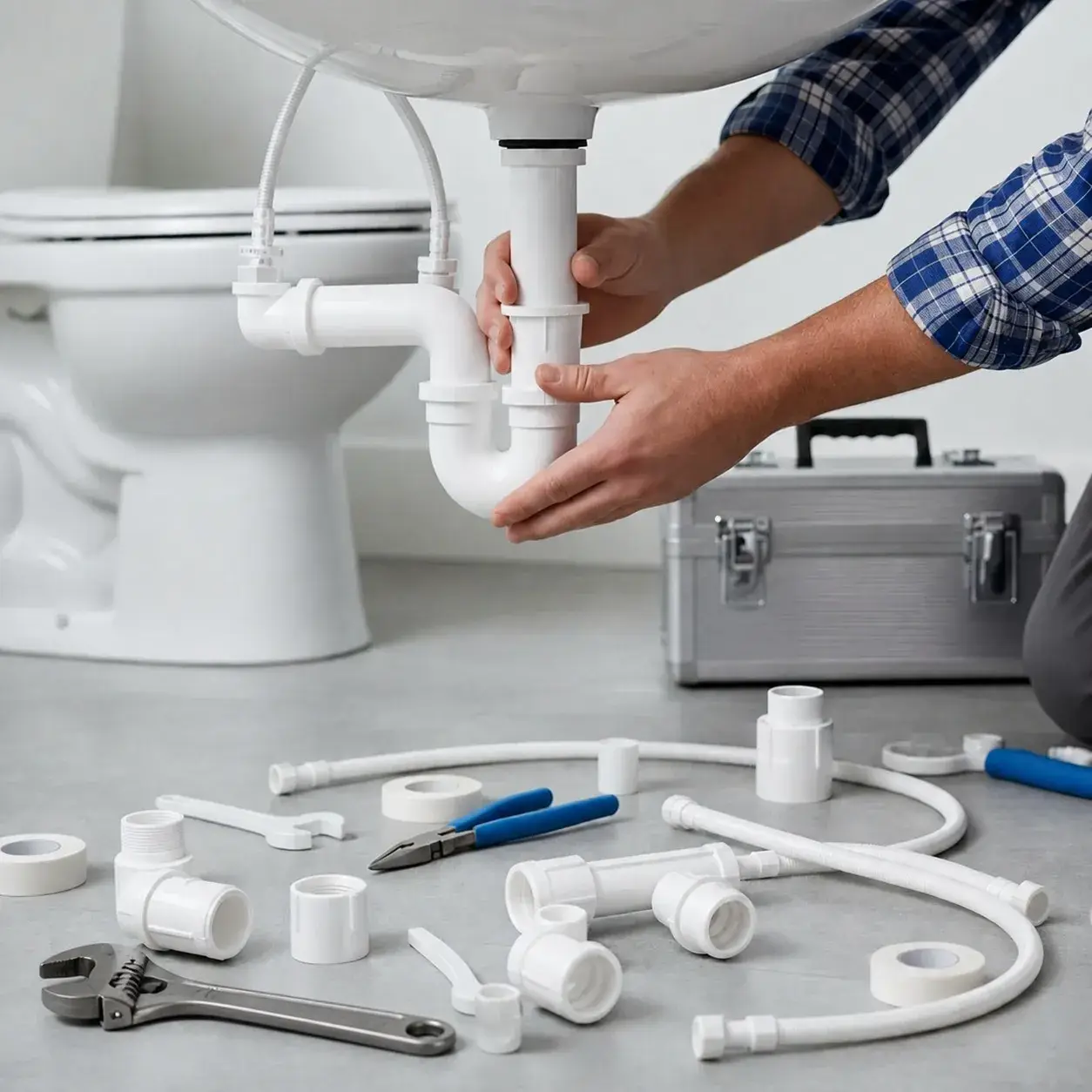 Sink trap parts and tools laid out on a table for a plumbing diagnosis