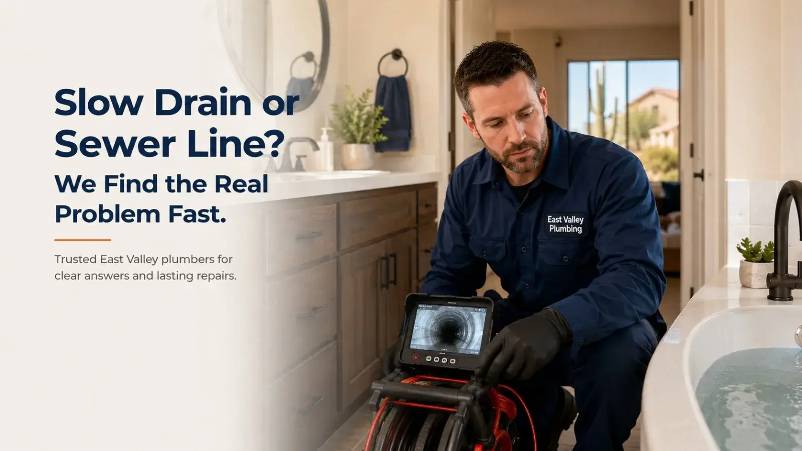 Slow drain or sewer line? Technician using a sewer camera to find the real problem