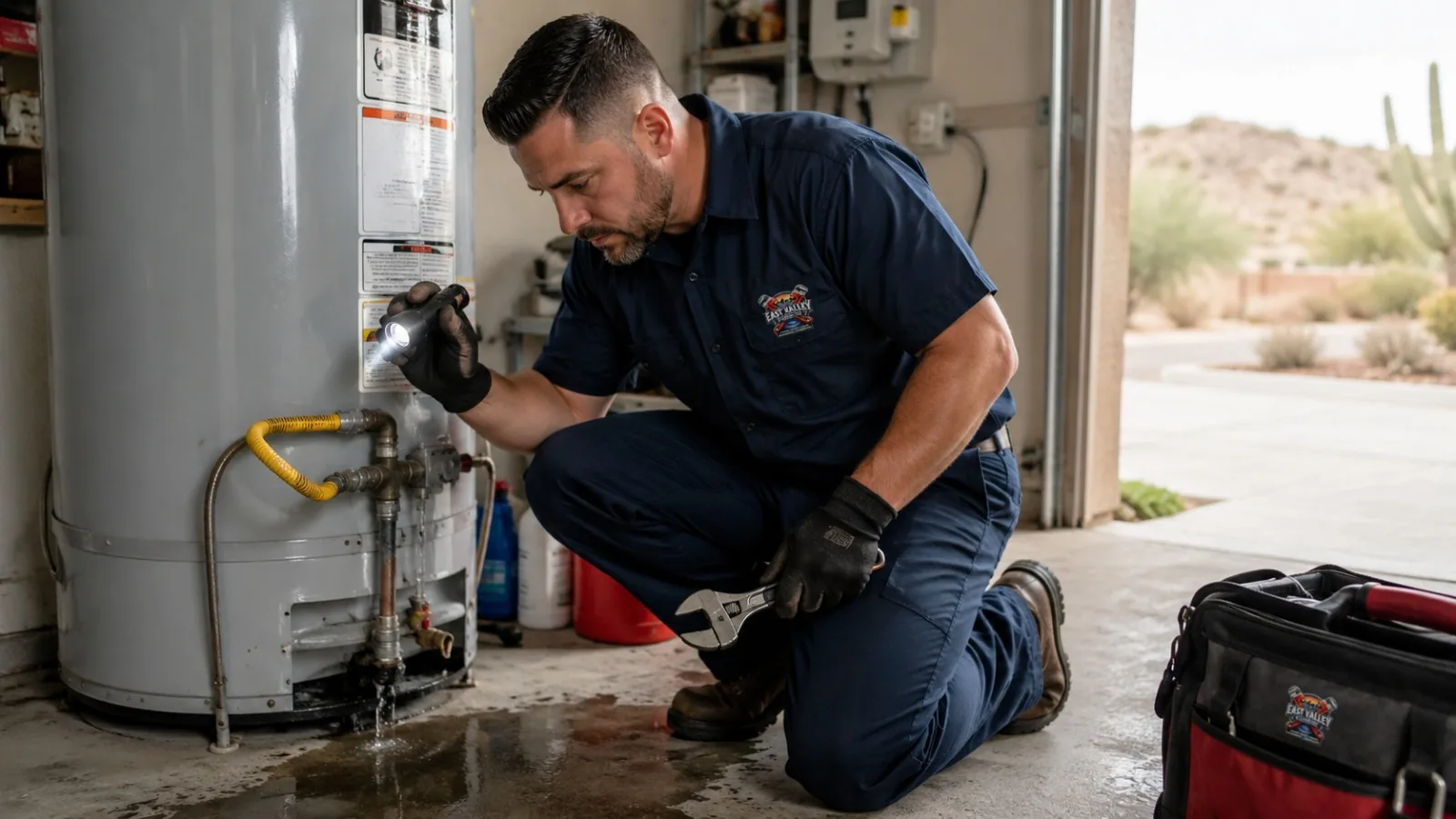 East Valley Plumbing technician inspecting a water heater in a garage