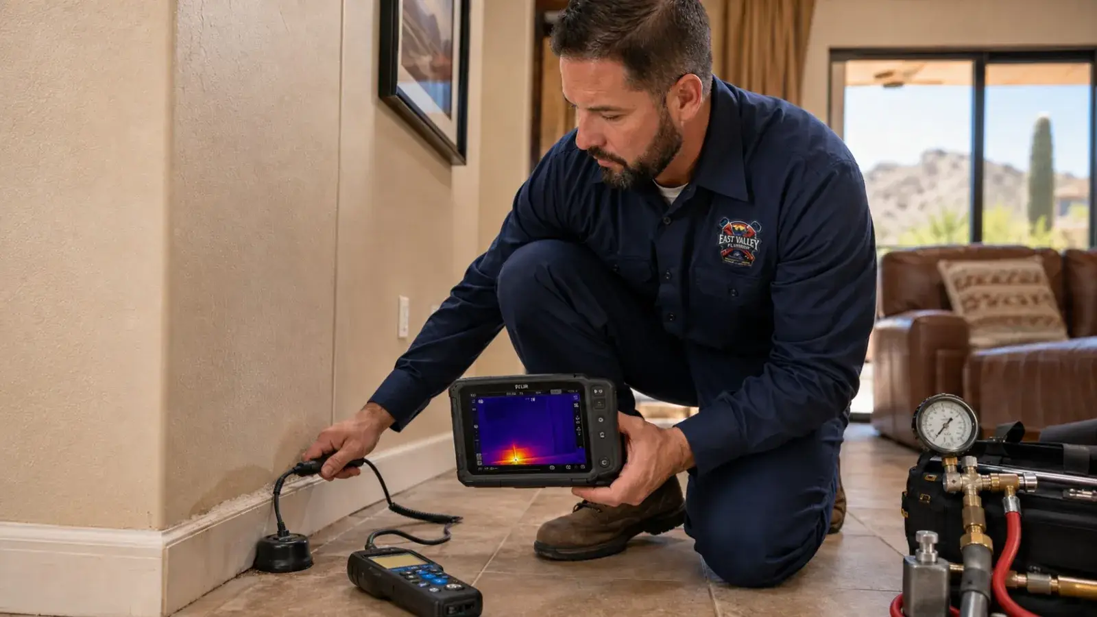 East Valley Plumbing technician using a thermal imaging camera to find a hidden leak